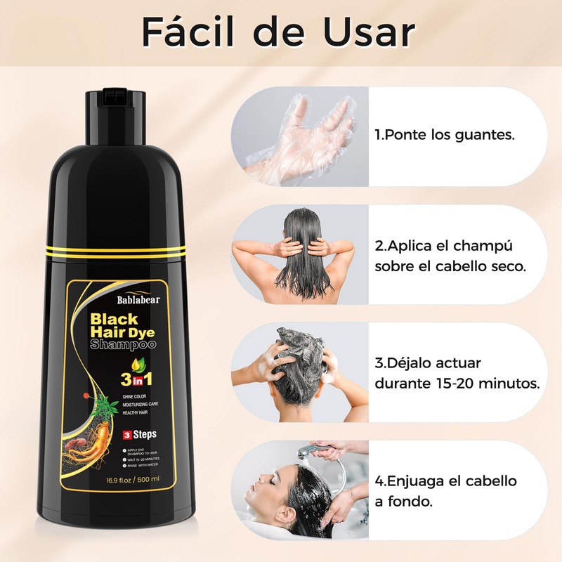 Black Hair Dye Shampoo 3 in 1, Shampoo Tinte para