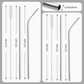 Woyinger 12 Pack Stainless Steel Straws with 2 Cleaning Brushes, 6 Straight + 6 Bent Mental Straws with 2 Sizes, Compatible with 20oz | 30oz Tumblers (Silver/Black/Gold/Rose Gold/Purple/Rainbow)