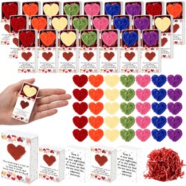 Wettarn 35 Sets Valentine's Day Pocket Hug Gifts Bulk 35 Cute Hand Crochet Heart with 35 Greeting Box Inspirational Long Distance Relationship Romantic Gift for Classroom Students Coworkers Office