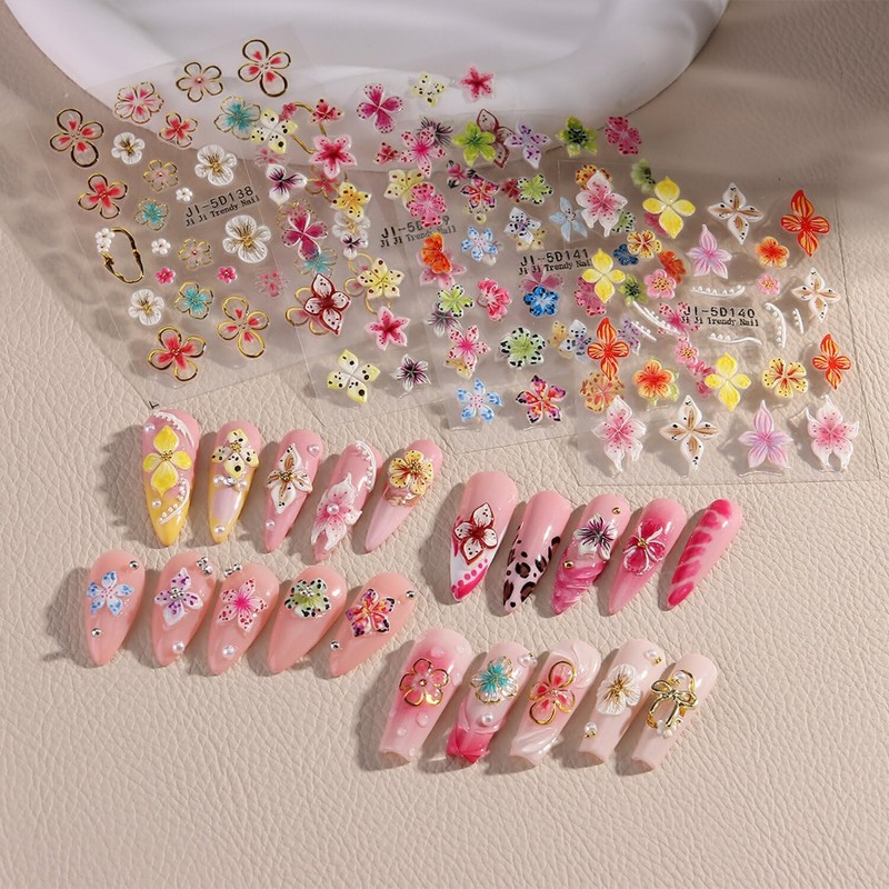 4 Blätter farbenfrohe 3D Blumen-Nagel-Sticker, selbstklebend, Nagelkunst-Design-Zubehör, hohe Qualität