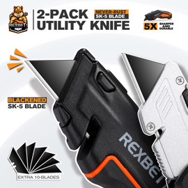 REXBETI 2-Pack Utility Knife, SK5 Heavy Duty Retractable Box Cutter for Cartons, Cardboard and Boxes, Blade Storage Design, Extra 10 Blades Included（Total 18 Blades）