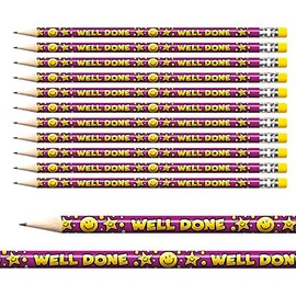 12 Well Done Smiley Face Pencils Colourful Pupil Children Rewards Motivational Pre - Sharpened Brainwaves Primary Teaching Services