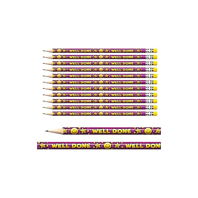 12 Well Done Smiley Face Pencils Colourful Pupil Children Rewards