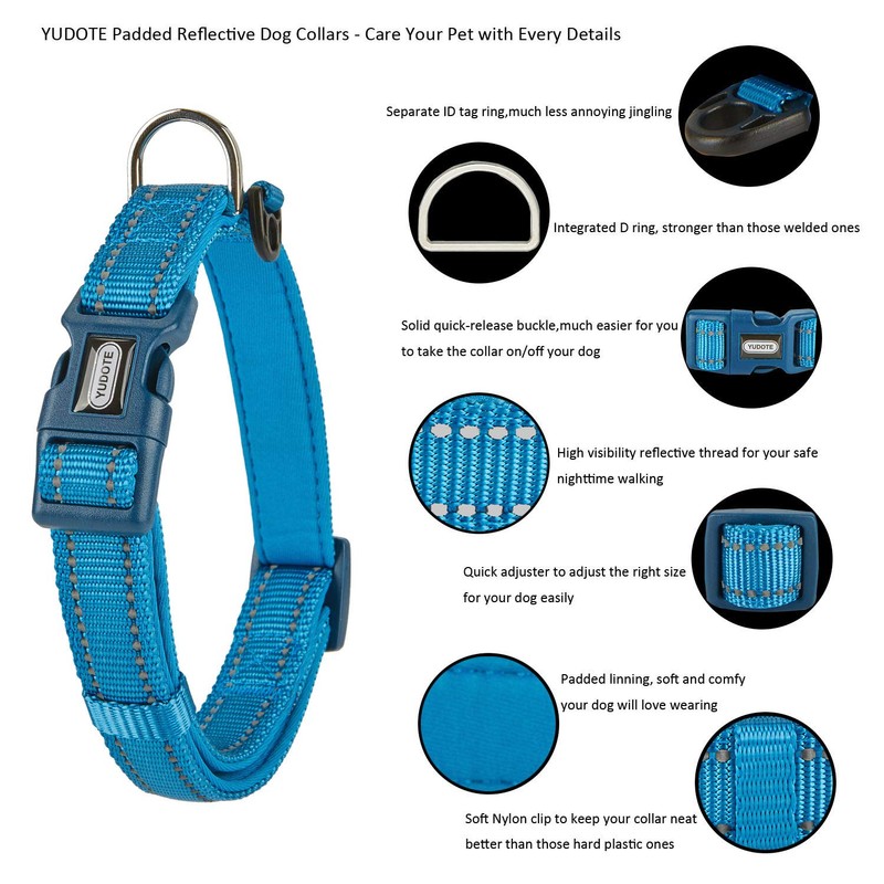 YUDOTE Reflective Adjustable Nylon Dog Collar with Reflevtive Soft Neoprene