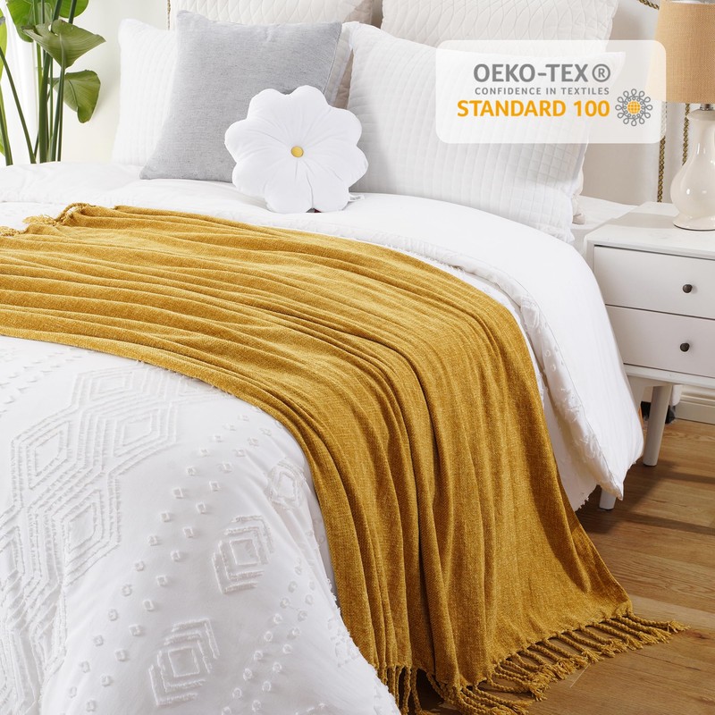 BATTILO HOME Gold Chenille Throw Blanket for Couch, Decorative Fringe