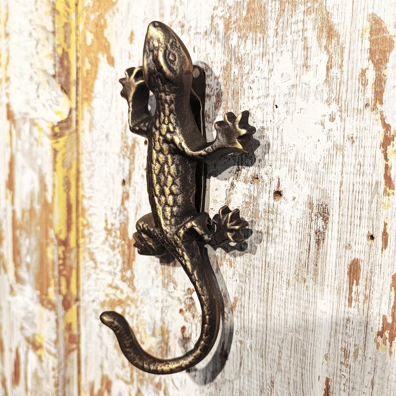 Anatolica Brass Gecko Door Knocker, 6.5 inches, Lizard Frontdoor Ornament,