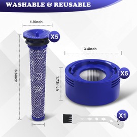 Pack of 10 for Dyson V8 V7 Filter, V8 V7 Replacement Parts Filter Accessory Set for Dyson, 5x Pre-Filter + 5x HEPA Post Filter with 1 Brush, Replacement for DY-96566101, DY-96747801