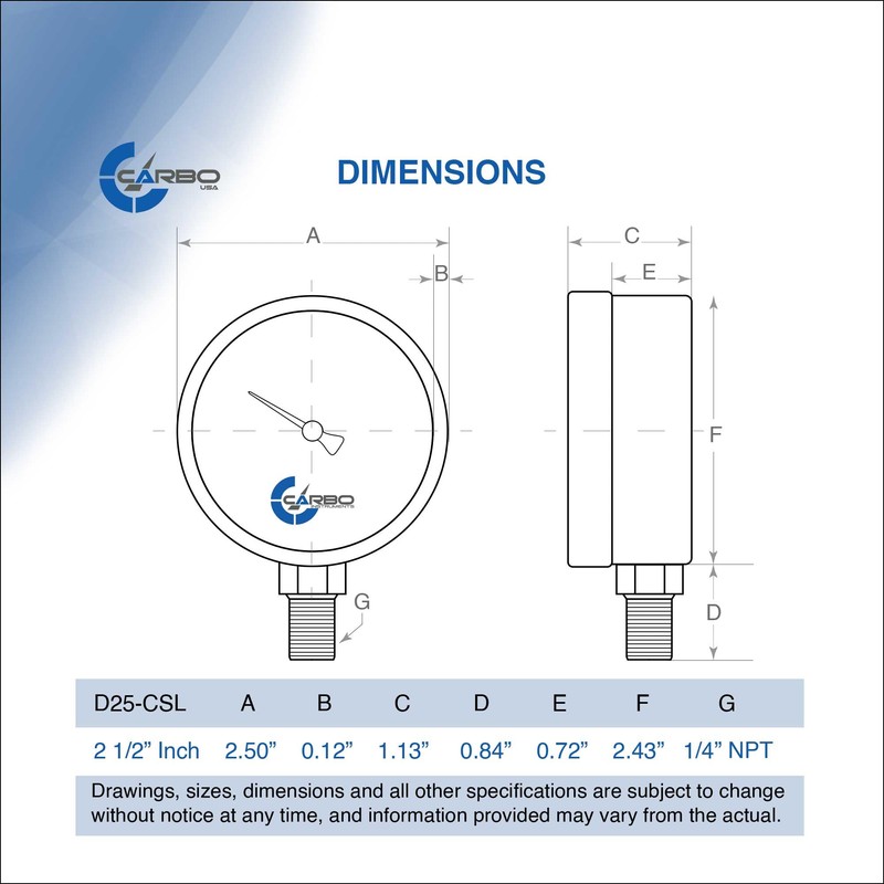 CARBO Instruments 2-1/2" Pressure Gauge, Chrome Plated Steel Case, Dry,