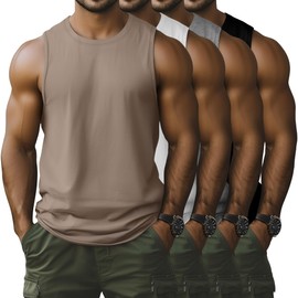 Locoowai 4 Pack Men's Sleeveless Tank Tops, Cotton Crew Neck T Shirts Casual Classic Shirts Workout Muscle Gym Solid Tees(Black, White, Khaki, Light Heather Gray,Medium)
