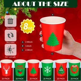 Jingmore 120 Pcs 8 oz Christmas Disposable Cups Christmas Paper Coffee Cups Xmas Tree Snowflake Snowman Elk Party Drinking Cups Xmas Holiday Supplies for Hot Cold Beverage Chocolate Tea Cocoa