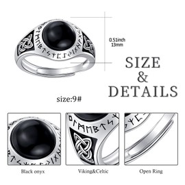 Black Onyx Ring 925 Sterling Silver Viking Celtic Ring Nordic Norse Jewelry Punk Gifts for Men Women