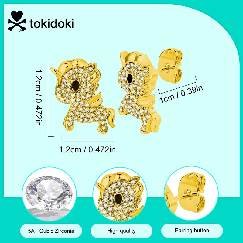 Tokidoki Unicorno Stud Earrings, 14K Plated with CZ Crystal Accents