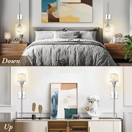 Modern Wall Sconces Lighting Battery Operated Set of 2,No Wiring Rechargeable Wall Lights Fixture with Wireless Remote,Clear Glass Long Wall Lamp Silver for Bedroom Bathroom Living Room Vanity Light