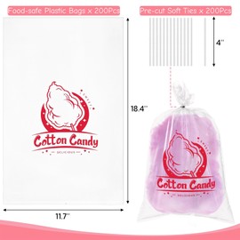 Nagpew 200 Pieces Cotton Candy Bags with Ties, Individual Clear Cotton Candy Container with Print, 18.4'' x 11.7'' Plastic Candies Supplies Holder for Birthday Party, Carnival, Home