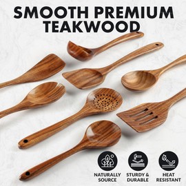 Zulay Kitchen Premium 8-Piece Wooden Spoons - Smooth Finish, Natural Teak Wood, Non-Stick, Handmade