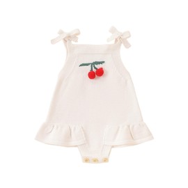 Baby Girl Knit Romper Summer Sleeveless Tie up 3D Cherry Crochet Bodysuit One Piece Jumpsuit Newborn Girls Overalls Outfit (White, 0-3 Months)