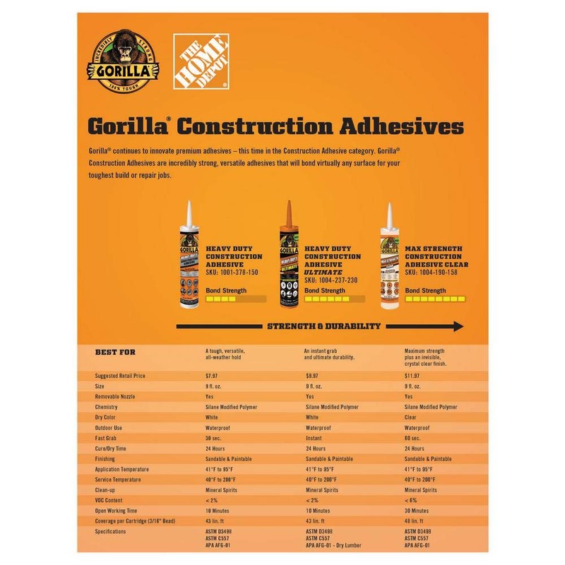 GORILLA 9 oz. Max Strength Construction Adhesive Clear (12-Pack)