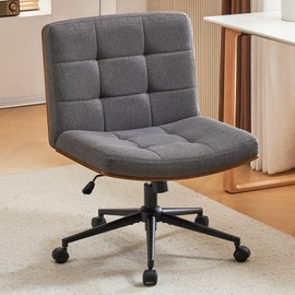 Furnimart Wooden Swivel Criss Cross Legged Chair with Wheels, Dual-Layer Wide Desk Chair with Wood Seat Support, Comfy Armless Height Adjustable Vanity Chair for Desk, Bedroom (Linen Gray)