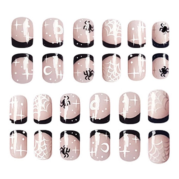 Halloween French False Nails Kit, 24Pcs Short Square Press on