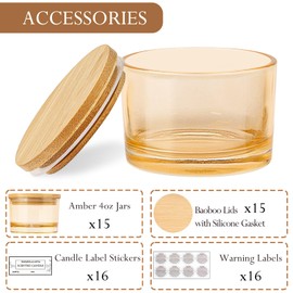 CONNOO 15 Pack 4 OZ Fall Amber Glass Candle Jars with Airtight Bamboo Lids for Making Candles, Bulk Small Wide Mouth Empty Candle Containers with Sticky Warning Labels - Dishwasher Safe, Champagne