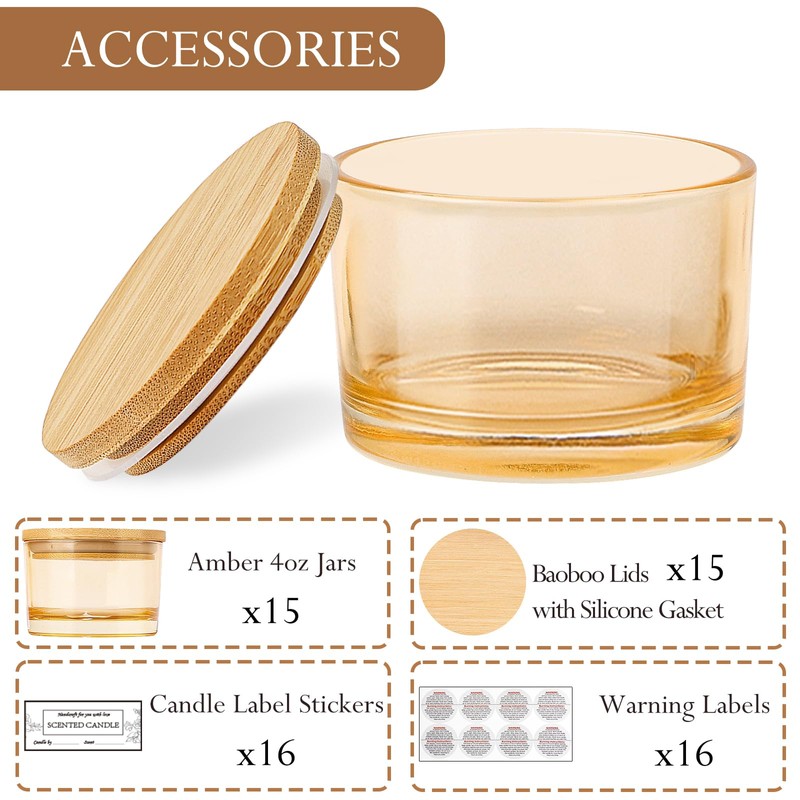 CONNOO 15 Pack 4 OZ Fall Amber Glass Candle Jars