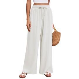 Huukeay Women's Linen Wide Leg Pants, High Waist Flowy Palazzo Pants with Pockets Drawstring Summer Casual Work Trousers(White,X-Large)