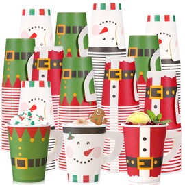 Maxcheck 150 Pcs Christmas Paper Cups 9oz Disposable Christmas with Handles Santa Snowman Elf Tea Coffee Cups Hot Chocolate Bar Accessories for Adults Holiday Xmas Party Supplies