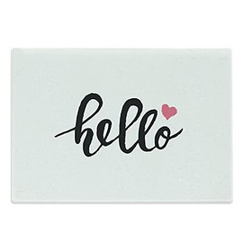 Ambesonne Hello Cutting Board, Typographic Design Handwritten Letter Font Message of Hello with a Heart, Decorative Tempered Glass Cutting and Serving Board, Large Size, Pink Black White