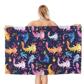 VODRM Colorful Axolotl Beach Towel, 32x52in Microfiber Quick Dry Fun Underwater Fantasy Cute Sea Bath Towels, Soft Lightweight Oversized Sand Free, for Travel Pool Swimming Gym Decor, Gifts Girls