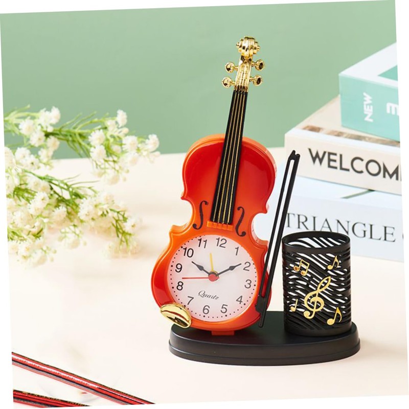 STOBAZA Violin Model Clock Pen Holder Unique Decorative Alarm Clock
