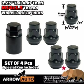 ARROW 4x 1.25" Black M14x1.5 Anti-Theft Wheel Lock Nut &Key Fit Ram 2500 3500