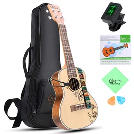Hricane Concert Ukulele 23 Inch Spruce Flower Top Sapele Professional Ukuleles for Beginners with Bag, Digital Tuner, Strap, 4 Strings Set, Pick, Cleaning Cloth