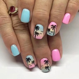 Summe Press on Nailsr Short Square Fake Nails Palm Tree False Nails Blue Pink Glossy Full Cover Acrylic Glue on Nails Cute Artificial Stick on Nails for Women Manicure 24 Pcs