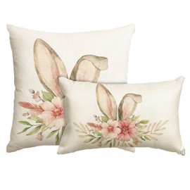 AVOIN colorlife Happy Easter Throw Pillow Cover Set of 2, 12 x 20 and 18 x 18 Inch Rabbit Spring Flower Holiday Party Cushion Case Decoration for Sofa Couch