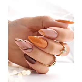 Sethexy Almond Short False Nails Autumn Orange Press On Nails Glitter Swirl Shiny Fake Nails Pack of 24 Acrylic Nails for Sticking on for Women and Girls