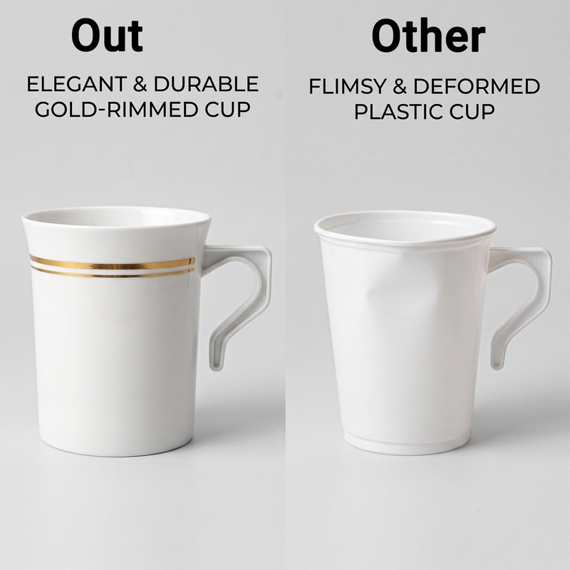 48PCS Plastic Coffee Mugs with Handles,8 OZ Disposable Gold Rimmed