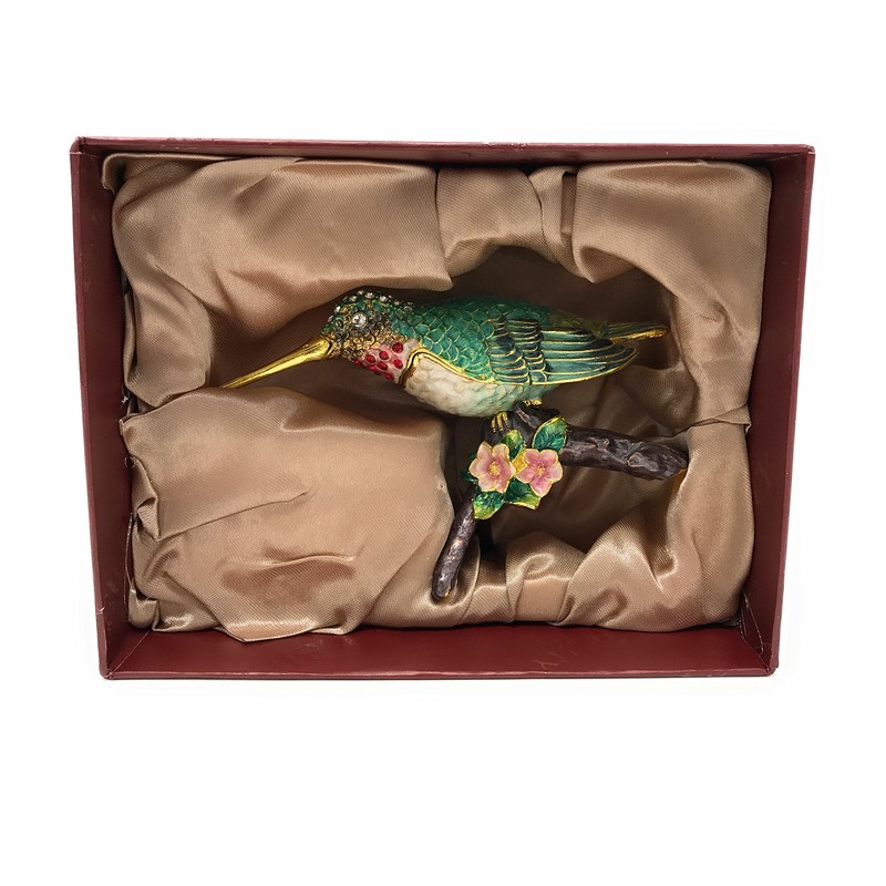 Kubla Crafts Enameled Green Hummingbird on Branch Trinket Box, Accented