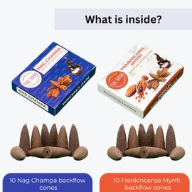 Backflow Incense Cones - Combo Pack of 20 Cones - 10 Frankincense Myrrh + 10 Nag Champa - Waterfall Incense