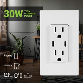 Leviton T5637-B 30W (6A) USB Dual Type-C/C in-Wall Charger with 15A Tamper-Resistant Outlet, USB Charger for Smartphones and Tablets, Not for Laptops, Brown