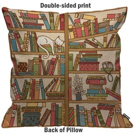 HGOD DESIGNS Nerd Book Lover Cat Sleeping Over Bookshelf in Library Boho Throw Pillow Case Home Decor for Men/Women Living Room Sofa 18x18 Pillow Case 18x18 Inch Pillow Case 18x18 Inch