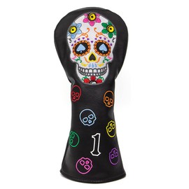 Golf Club Headcover Wood Cover Driver Fairway Wood Utility Hybrid Headcover with Number Tag Golf Headcover PU Leather Fashion Colorful Skull Embroidery Black (1 Driver Cover)