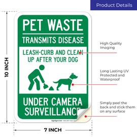 Pet Waste Leash-Curb and Clean Up After Your Dog Under Camera Surveillance Sign, 10x7 Inches, 4 Mil Vinyl Decal Stickers Weather Resistant, Made in USA