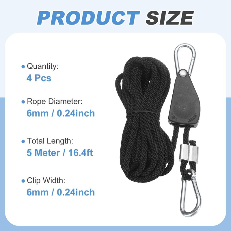uxcell 4 Pairs 1/4" Adjustable Rope Hanger, 16.4ft(5 Meter) Heavy