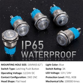 QIMEI-SHOP Pressure Switch Waterproof 16 mm Button LED Switch 12-24 V 3A Locking Push Button Switch Brass 5 Pin with Blue Ring LED Light for Car Boat Motorcycle Pack of 5