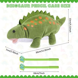 Chivertion 3 Pcs Green Dinosaur Pencil Pouch for Kids 3D Plush Animal Pencil Case with 2 Fun Pencils & 1 Soft Stationery Bag Ideal Easter Gift for Boys and Girls, Back to School Supplies