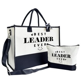 Gift for Best Leader Ever, Canvas Beach Bag, Canvas Tote Bag for Women, Leader Bag for Traveling Shopping Camping, Canvas Tote Bag with Make Up Bag, Leader Appreciation Gift, Thank You Gift for Leader