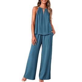 BTFBM Women's Two Piece Outfits Casual Summer Cotton Linen Sets Halter Sleeveless Top Wide Leg Pants Lounge Matching Set(Solid Grey Blue, Large)