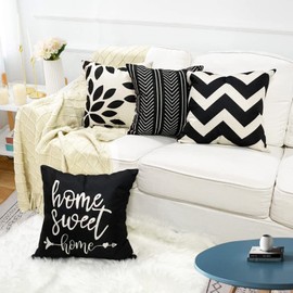 ZWJD Cushion Cover, 40 x 40 cm, Set of 4, Decorative Outdoor Cushion Covers, Linen Decorative Cushion for Bedroom, Sofa, Chair, Bed, Garden (40 x 40 cm, Black)