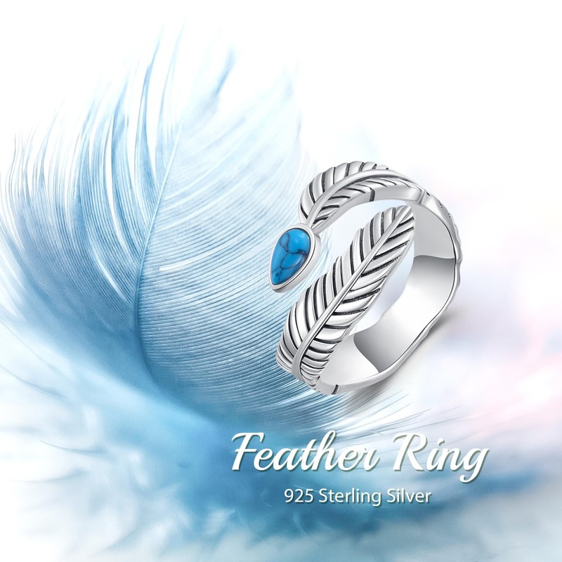 VONALA Feather Ring for Women, S925 Sterling Silver Blue Feather