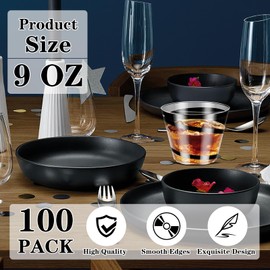 Dualshine 100 PCS Black Rimmed Swirl Plastic Cups, 9 oz Disposable Plastic Wine Glasses, Plastic Clear Plastic Cups, Heavy Duty Cocktail Glasses Cups for Party, Wedding, Birthday(100 Black)